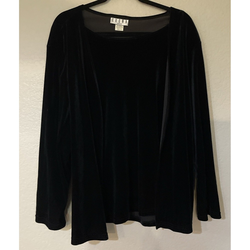 Erena Womans 1X Cardigan Black Velvet Long Sleeve Open Front Event Holiday Chic